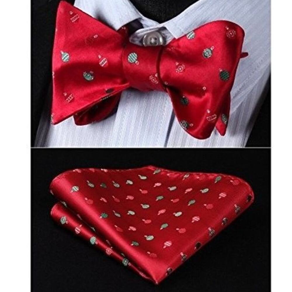 Hisdern Holiday ornament bow tie and pocket square set  adjustable up to size 18